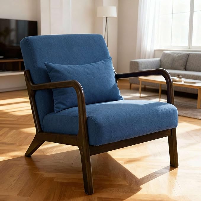 Mid Century Modern Accent Chair with Wooden Frame & Linen Upholstery, Comfortable Mid Century Lounge Chair with Pillow, Wooden Accent Chair for Living Room, Bedroom or Reading Corner