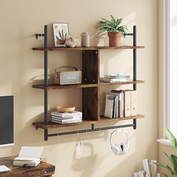 3 Tiers Wood Floating Shelving with Hooks, Industrial Wall Mounted Shelf Modern Wall Shelves Hanging Vintage Display Storage Shelf for Living Room Bathroom Bedroom Kitchen Coffee Bar