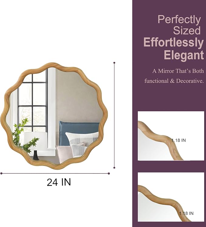 24" Wavy Round Solid Wood Frame Decorative Mirror, for Bedroom, Bathroom, Living Room, Entryway, HU26052223 (Oak)