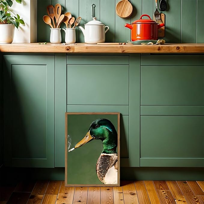 Funny Mallard Duck Wall Art Vintage Cottagecore Duck Wall Decor Painting, Whimsical Animal Poster Canvas Print Picture for Living Room Bedroom 16x24 inch Wood Framed