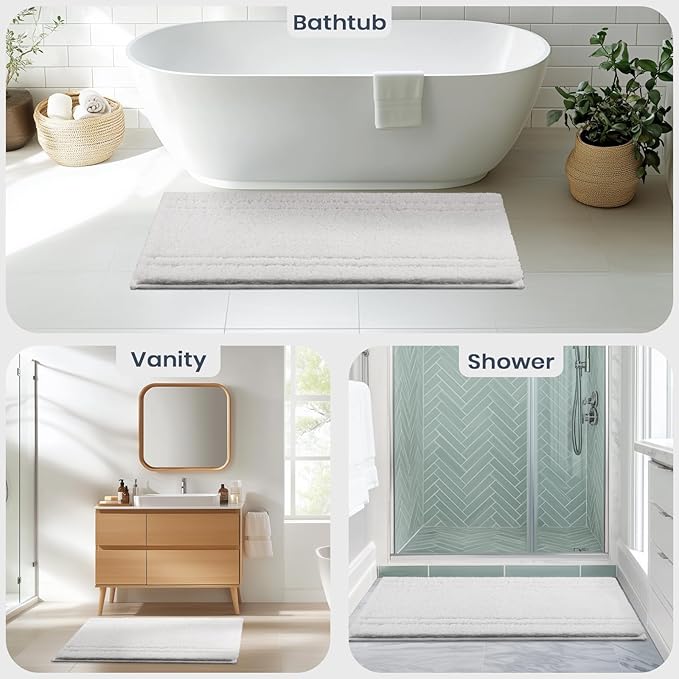 PURRUGS Bathroom Rug Non-Slip Machine Washable 20" x 30", Super Absorbent and Quick Dry Shaggy Microfiber Bath Mat, Extra Soft and Plush Bath Rug for Bathtub, Shower, and Sink, White