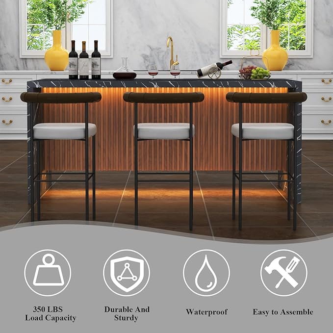 71" Large Imitation Marble Dining Table for 4-6 People, Island Table with LED Lights, Mordern Marble Stripes Kitchen Dining Table with Grille design for Dining Room, Home, Living Room (black)