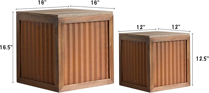 COLLECTIVE HOME - Wood Storage Ottoman, Rustic Storage Stool, 2 Pack Cube Seat Foot Rest Stool, Accent Side Table, Metal Storage Bin for Living Room Furniture, 16"/12" (Wood, Corrugated Metal)