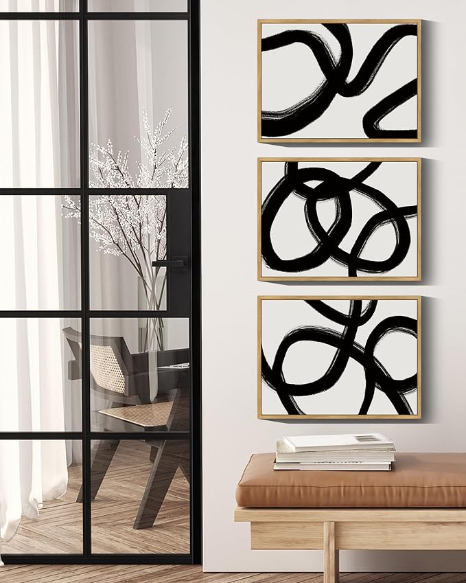 Drsoum Black and Gray Abstract Framed Wall Art Decor Duotone Minimal Dark Brush Stroke Prints Shapes Illustrations Modern Art Decorative Ready To Hang - 11x14in Natural Framed