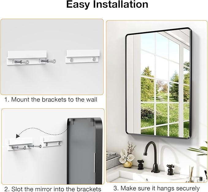 24x36 inch Black Bathroom Mirror, Metal Framed Rounded Rectangle Wall Mount Vanity Mirror, HD Tempered Glass, Aluminum Frame, Horizontal or Vertical Hanging, Modern Home Decor