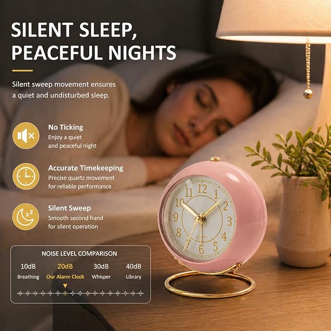 AYRELY® Battery Operated Desk Alarm Clock with Light,Silent No Ticking,Small Table Clock for Bedside/Bedroom/Living Room/Office/Travel/Kids/Room Decor Aesthetic Vintage(Pink)