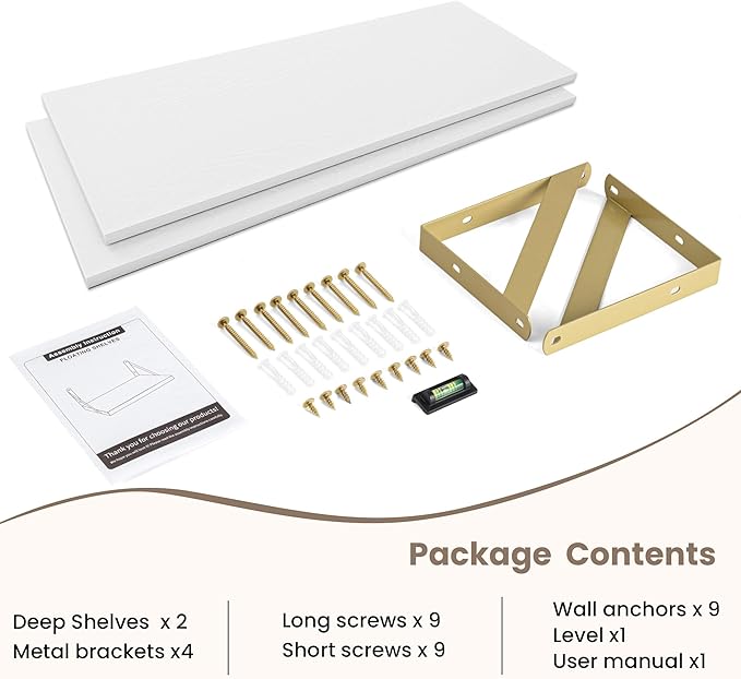 Dreamland Deep Floating Shelves for Wall, 30W x 8D Wall Shelves, Set of 2, 30 inch Floating Shelf with Sturdy Metal Brackets for Living Room, Bathroom, Bedroom and Kitchen, White with Gold Brackets