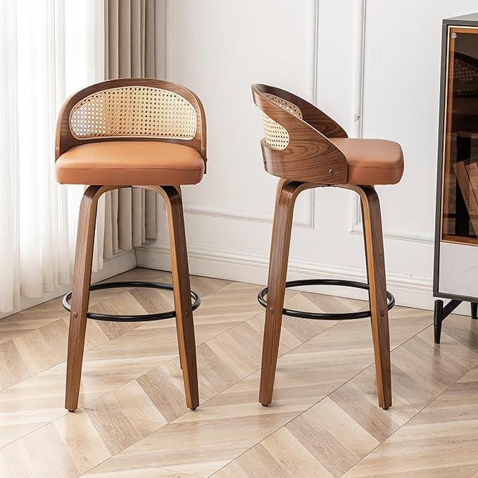 30" Swivel Rattan Bar Stools Set of 2,Mid-Century Modern Orange Faux Leather Upholstered Bar Height Stools,Kitchen Island Barstool with Rattan Low Backrest,Walnut Wood Finish Bar Chairs
