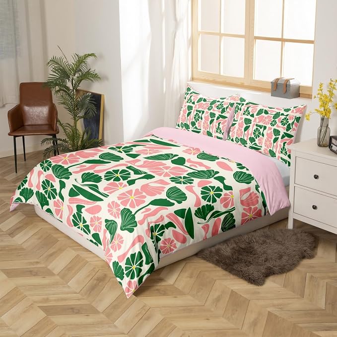 Erosebridal Mid Century Boho Toddler Comforter Cover Cute Green Pink Floral Plant Patchwork Bedding Set Modern Abstract Geometric Duvet Cover for Kids Adults,Vintage Aesthetic Bed Set