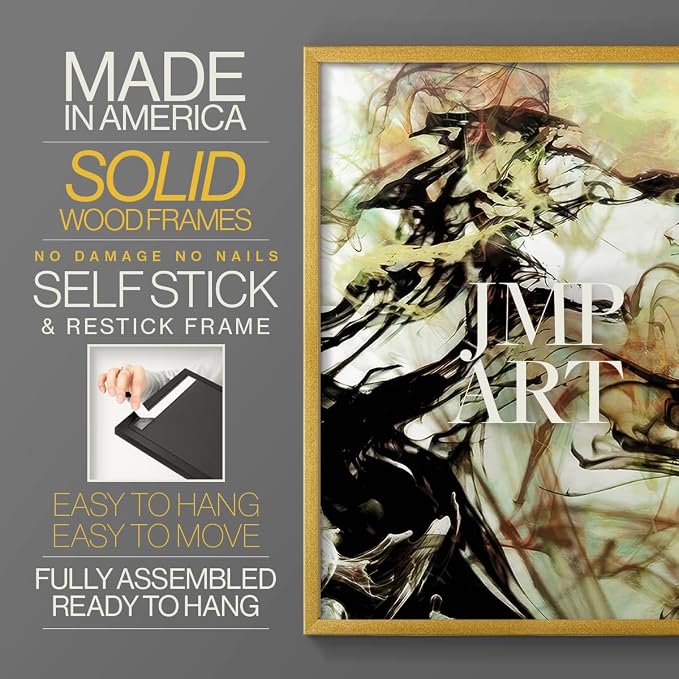 Renditions Gallery Set of 2 Peel & Stick Framed Prints, Abstract Wall Art, Vaping Smoke Design Wall Decor, Re-Stickable - Ready to Hang - 22"x28" - GOLD Frame LT588