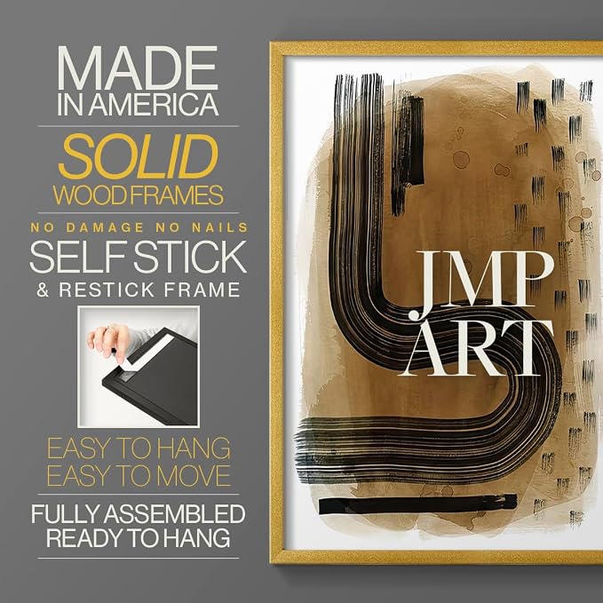 Renditions Gallery Set of 2 Peel & Stick Framed Prints, Abstract Wall Art, Hand Drawn Ink Curves Wall Decor, Re-Stickable - Ready to Hang - 8"x10" - GOLD Frame LT588