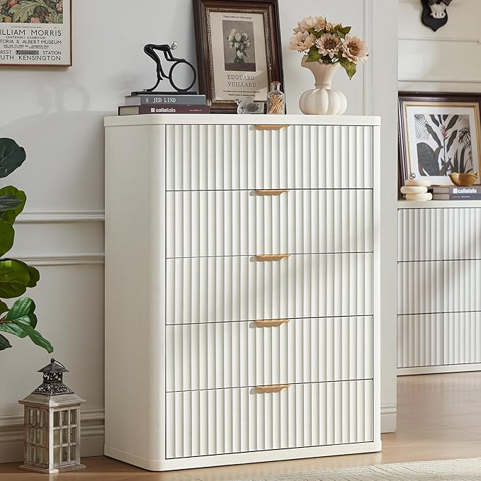 LEYAOYAO Fluted 5 Drawers Dresser Set of 2, 41" Tall Modern Chest of Drawers with Metal Handle, Curved Profile Dresser TV Stand, Wooden Drawer Organizer for Bedroom, Living Room, Hallway,Antique White
