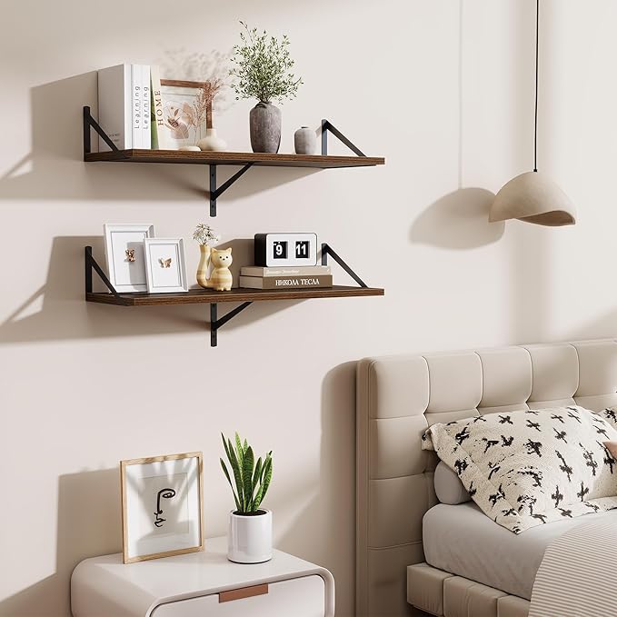 Floating Shelf for Wall,32" WX10 D Wood Floating Shelves with Sturdy Metal Bracket Set of 2,Wall Mounted Hanging Shelf for Bathroom,Bedroom,Kitchen,Walnut