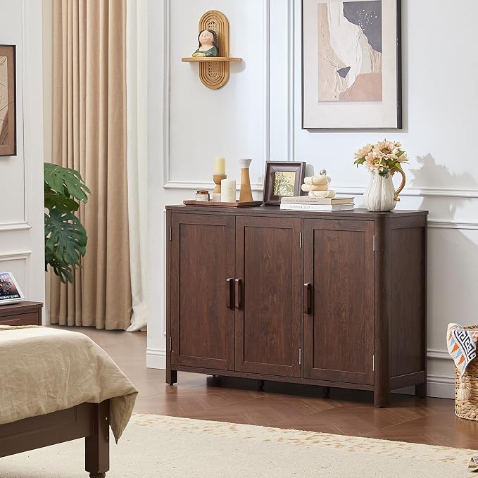 Joaxswe Sideboard Buffet Cabinet with Storage, 46" Arc-Shaped Credenza with 3 Doors & Adjustable Shelves, Mid Century Modern Coffee Bar Storage Cabinet for Kitchen, Living Room, Entryway, Walnut