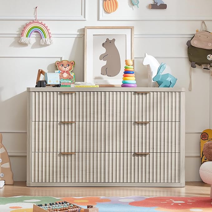 LEYAOYAO Fluted 6 Drawers Dresser for Bedroom, 48" Wide Modern Chest of Drawers with Metal Handle, Light Grey Curved Profile Farmhouse Closet Organizer Wood Dressers TV Stand for Living Room, Hallway