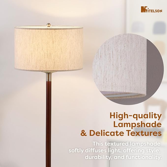 Floor Lamp, Modern Lamp with Dimmer Switch and Bulb, Mid Century Lamp with Linen Shade, Great Living Room Décor, Tall Lamp, Standing Lamp for Bedroom and Office, Walnut Wood Finish