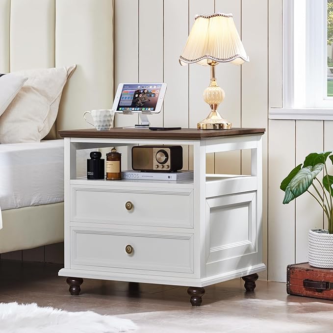 24" Wide Farmhouse Night Stand,Large End Table with 2 Drawers & Metal Handle,Wood Dresser for Bedroom, White Bed Side Table Chest of Drawers Cabinet,Nightstand for Living Room,Closet