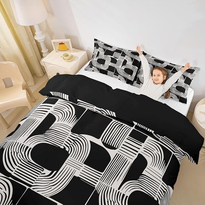 Erosebridal Black White Boys Duvet Cover Twin Size Bohemian Geometric Bedding Set 2 Piece Mid Century Abstract Comforter Cover Boho Stripes Minimalist Bed Sets for Kids Teens Adult Men Bedroom Decor