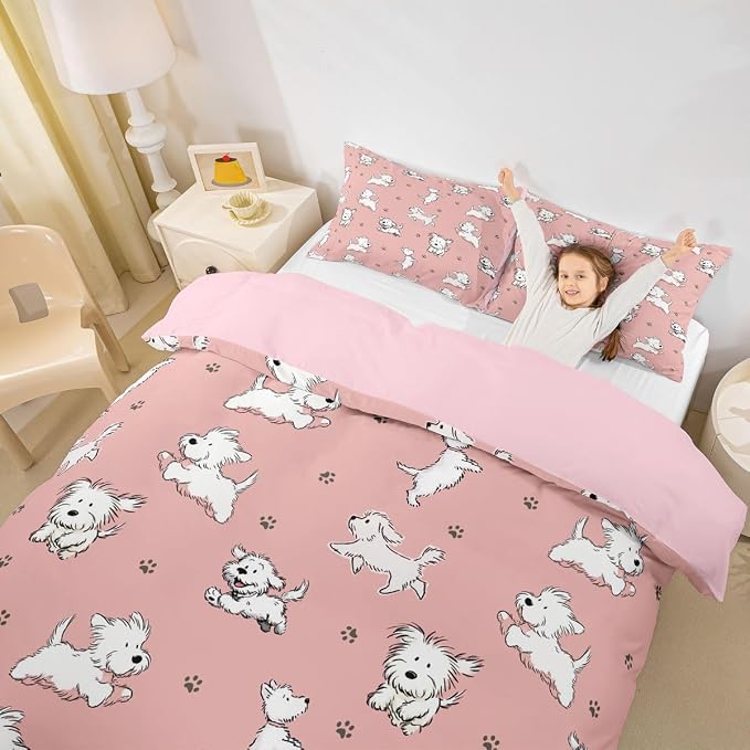 Erosebridal Cute Dog Bedding Set Queen Cartoon Animals Pastel Pink Duvet Cover Paw Print Comforter Cover for Kids Girls Boys Adults Modern Preppy Aesthetics Bed Set