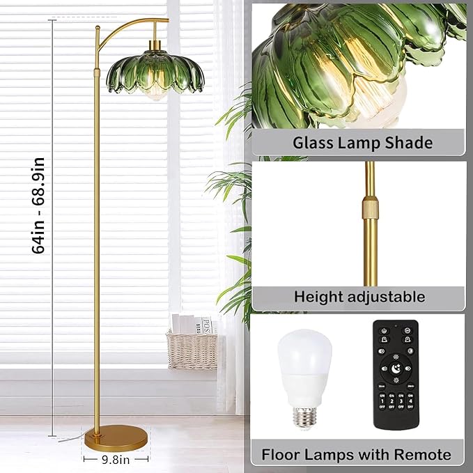 Floor Lamp for Living Room,Bedroom,Mid Century Modern Standing Lamp with Remote,Dimmable Gold Tall Lamp Glass Green Vintage Retro Arc Flower Floor Light Boho Bohemian