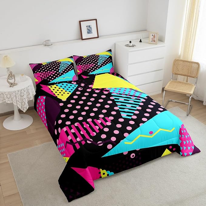 Manfei Memphis Comforter Set Twin Size, Retro 80s or 90s Fashion Style Quilt Set with 1 Pillowcase, Geometric Triangle Circle Bedding Set 2pcs for Kids Boy Girls Lightweight Duvet Insert