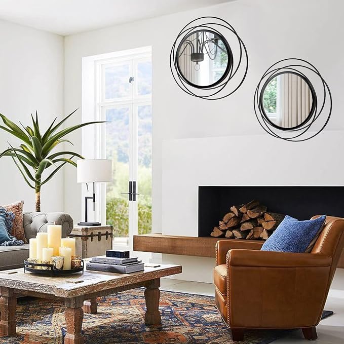 2 Set Circle Mirrors for Wall Decor for Living Room Bedroom Bathroom Entryway Metal Round Mirror Decorative Hanging Mirrors Sun Bohemian Geometric Accent Sculpture -Black 15.7 in
