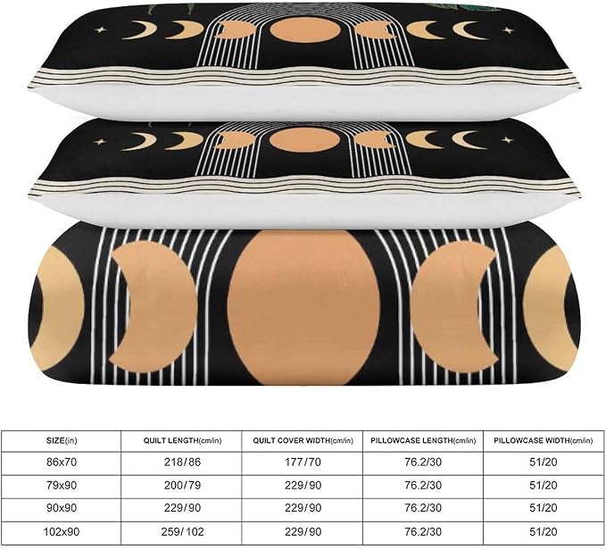 Mid Century Moon Phase Duvet Cover Sets Boho Modern Palm Leaves Arch Minimalist Printed Lightweight Soft Quilt Cover Soft Microfiber 3 Piece (1 Duvet Cover 68x86in + 2 Pillow Sham 20x30in)