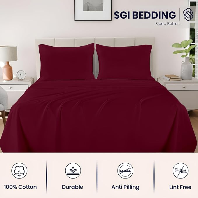 SGI bedding 100% Egyptian Cotton Sheets RV King Size – 600 Thread Count Sheets Set, Soft, Cooling, 15" Deep Pocket, Luxury Hotel Bedding, Breathable, Durable - Burgundy