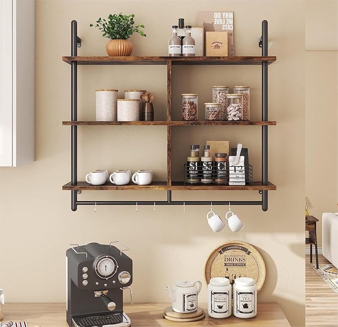 3 Tiers Wood Floating Shelving with Hooks, Industrial Wall Mounted Shelf Modern Wall Shelves Hanging Vintage Display Storage Shelf for Living Room Bathroom Bedroom Kitchen Coffee Bar
