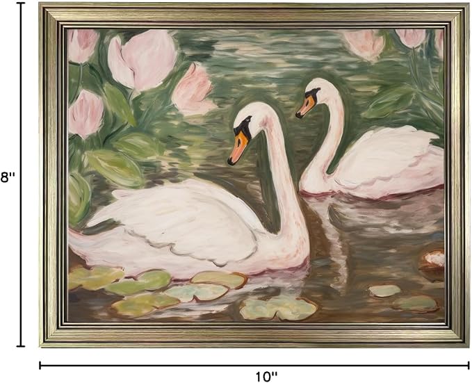 Vintage Framed Swan Decor Wall Art Pink and Green Girls Room Decor Girly Office Canvas Print Painting