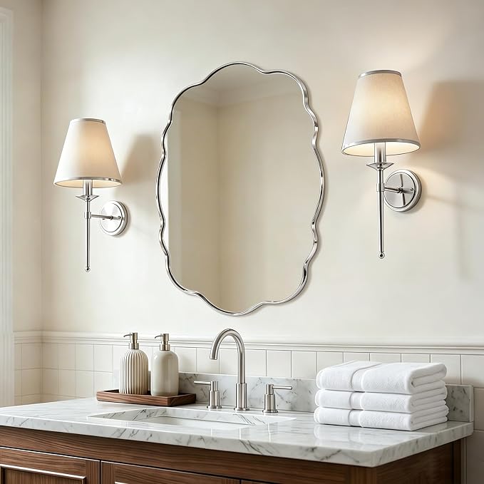 ANDY STAR Chrome Wavy Scalloped Mirror - 22x30 Inch Modern Oval Bathroom Mirror, Unique Irregular Wall Mirror with Heavy Duty SUS Metal Frame