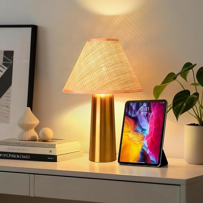 Brass Gold Rattan Table Lamp for Bedroom, Modern Wicker Lamps for Bedside Nightstand, Small Table Rattan Shape Lamps for Small Spaces for Kitchen Counter, Home Office, Living Room, Kids Dorm