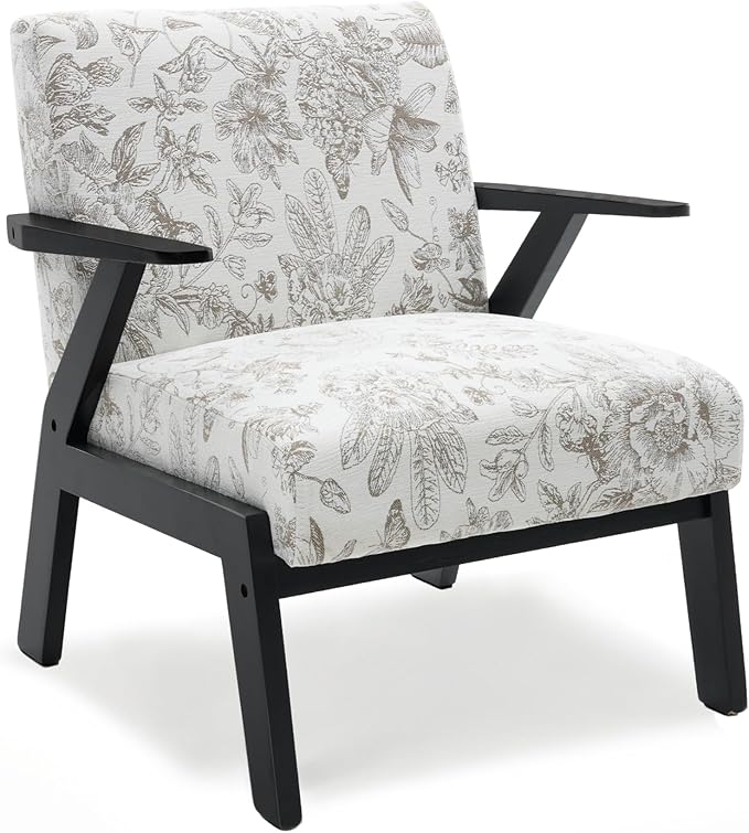 Floral Accent Chair, Mid Century Modern Chairs, Upholstered Armchair with Solid Rubber Wood Living Chair, Ergonomic Chair for Living Room, Bedroom, Reading Room
