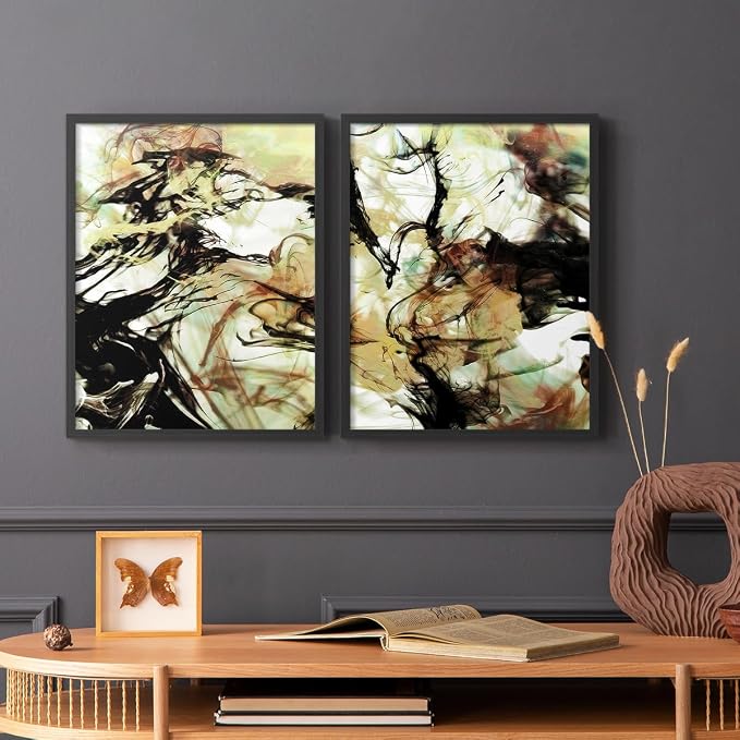 Renditions Gallery Set of 2 Peel & Stick Framed Prints, Abstract Wall Art, Vaping Smoke Design Wall Decor, Re-Stickable - Ready to Hang - 22"x28" - Black Frame LT588