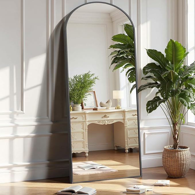 OLIXIS Arched Full Length Mirror for Bedroom, 58"x19" Full Body Mirror with Stand, Hanging or Leaning for Wall, Aluminum Alloy Thin Frame Floor Standing for Living Room, Long, Black