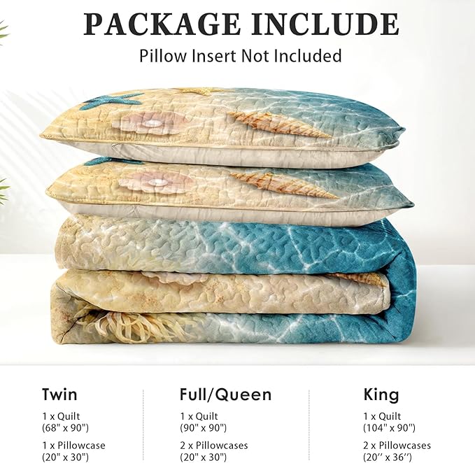 Pamnest Quilt Set Full/Queen Size, Summer Beach Seashell 3 Pcs Soft Bed Cover Bedding Set for Kids and Adults, Blue Ocean Sea Shell Lightweight Bedspread Coverlet with Pillow Sham for All Season