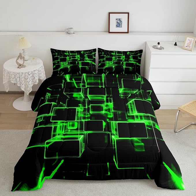 Erosebridal Fluorescent Green and Black Kids Comforter Set, Modern Geometric Square Bedding for Boys Girls Gradient Neon Light Honeycomb Duvet Set King 3 Pieces