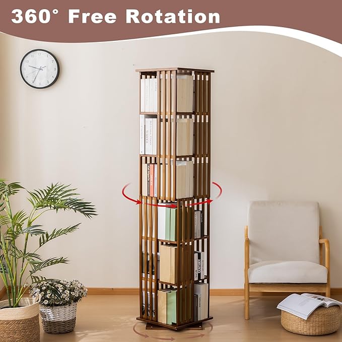 Bamboo Rotating Bookshelf Tower, 360° Spinning Bookcase, 6-Tier Narrow Floor Standing Storage Rack for Corner, Office, Room (Walnut)