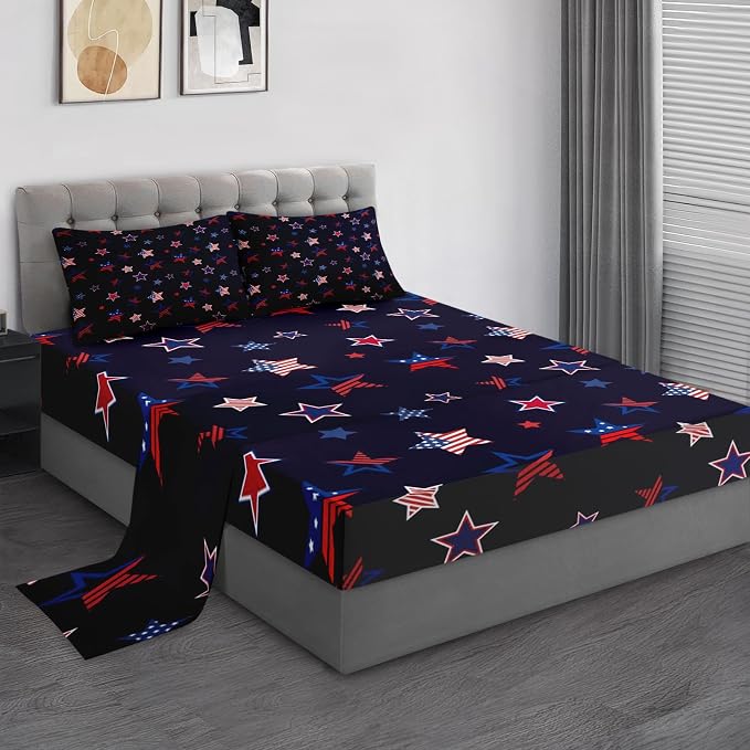 Pamnest Queen Size Bed Sheet Sets, American Flag Patriotic Soft Microfiber 4 Pcs Bedding Sets for Kids and Adults Bedroom Bed Decor, 4Th July Fourth Flat, Fitted Sheet and 2 Pillowcases