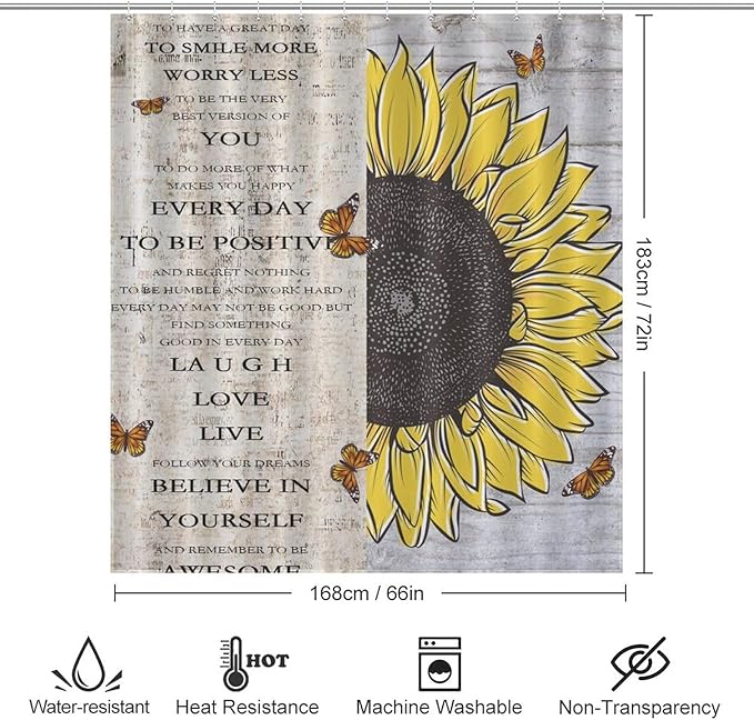 Inspirational Quotes Sunflowers Butterfly Shower Curtain,Vintage Old Newspaper Board Background Sunflower Animals Waterproof Shower Curtains for Bathroom Decor 12 Pack Hooks 66x72in（168x183cm）