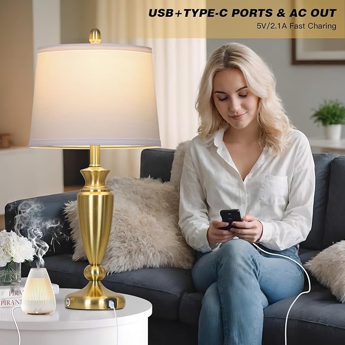 Rinweey 27'' Gold Table Lamps for Living Room with White Lampshade, 3 Way Touch Control Bedside Lamps Set of 2 with USB A+C Ports, Modern Metal Nightstand Lamp for Bedroom Office End Table