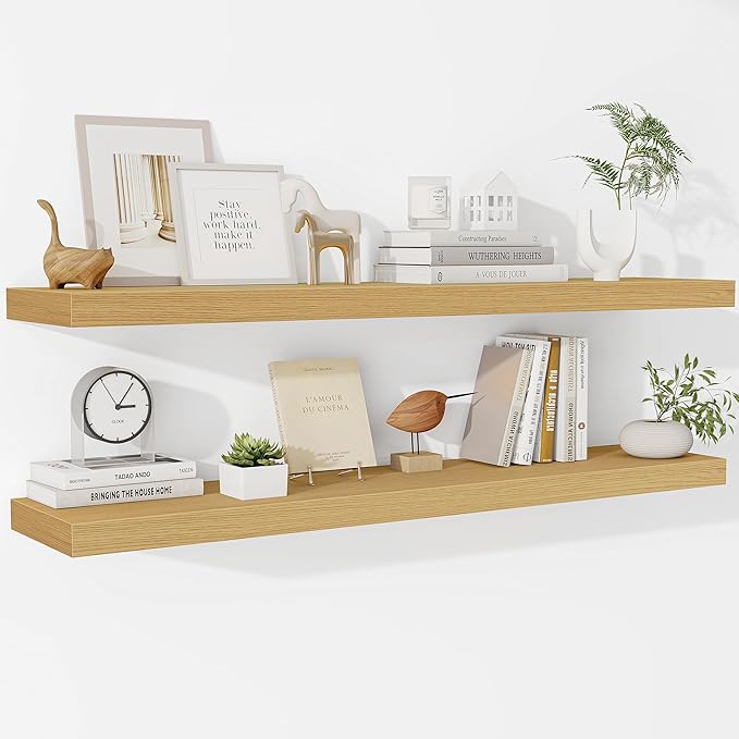 Fun Memories Floating Shelves 48 Inch Long, 9.3Inch Deep Floating Shelves for Wall, Extra Deeper & Thicker Wall Mounted Storage Shelf for Kitchen, Farmhouse, Oak, 2 Pack