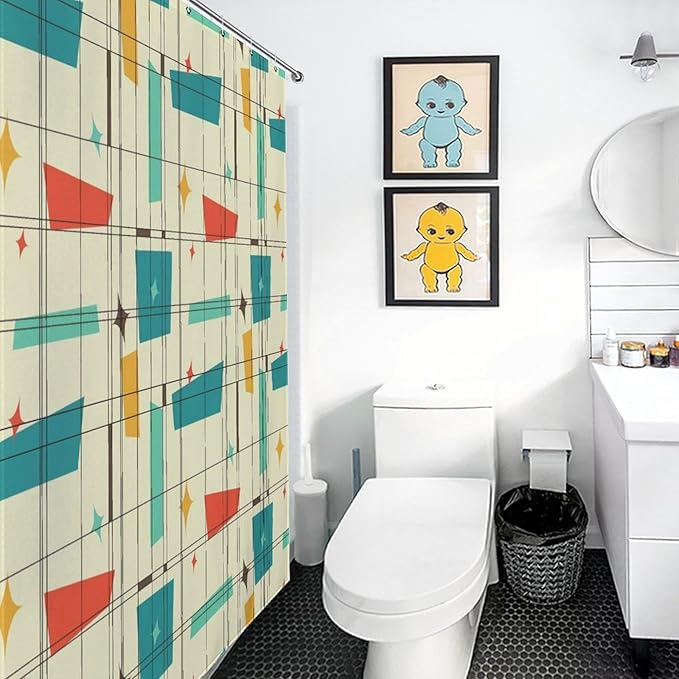 Geometric Shower Curtain for Bathroom, Pastel Mid Century Modern Abstract Geo Print Patterned Retro Style Teal Turquoise Waterproof Fabric Shower Curtain Set with Hooks, 72"x72" Inch