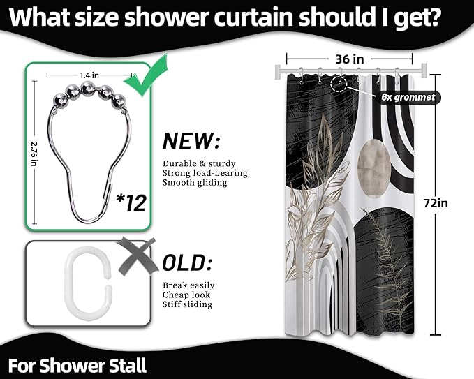 Mid Century Modern Black and White Shower Curtain Cool Charcoal Grey Silver Shower Curtains for Mens Bathroom Decor Sets, Abstract Boho Pattern, Waterproof Cloth Fabric with Hooks 36x72 in