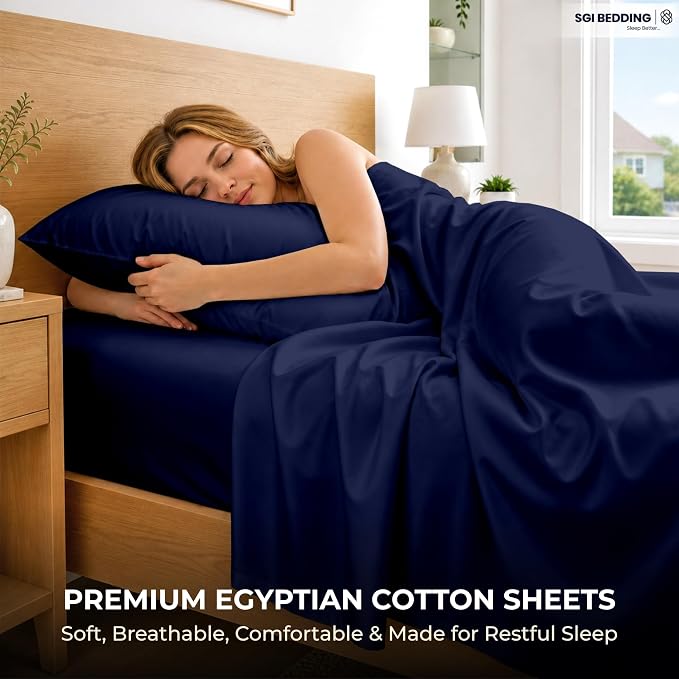 SGI bedding 100% Egyptian Cotton Sheets Full Size – 600 Thread Count Sheets Set, Soft, Cooling, 15" Deep Pocket, Luxury Hotel Bedding, Breathable, Durable - Navy Blue