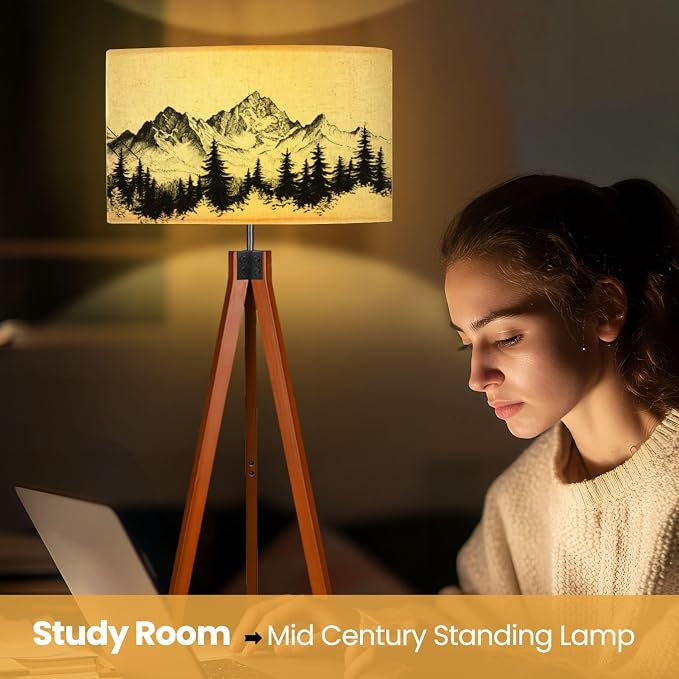 Wood Tripod Floor Lamp for Bedroom, Modern Mountain Ski Lift Sketch Pine Trees Peaks Forest Alpine Scenery Pen Reading Standing Lamp, Mid Century Night Light for Study Room Living Room Office