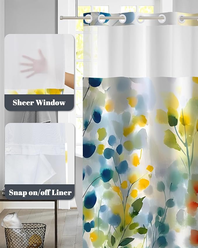 No Hook Shower Curtain with Snap in Liner, Watercolor Floral Wildflower Print Waterproof Bath Tub Curtain for Modern, Cottagecore, Boho Bathroom Decor, See Through Top, 71 x 74 Inch