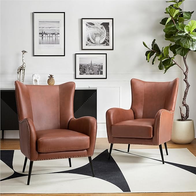 HULALA HOME Faux Leather Accent Chair Set of 2 with Removable Cushion, Comfy Upholstered Armchair with Metal Legs & Nailhead Trim Wingback Vanity Chair for Reading Living Room Bedroom, Brown