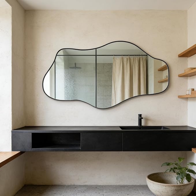 Irregular Mirror, 47.2"x23" Large Asymmetrical Wall Mirror, Odd Shaped Mirrors, Modern Frameless Abstract Mirrors for Living Room Bathroom Bedroom Entryway Fireplace