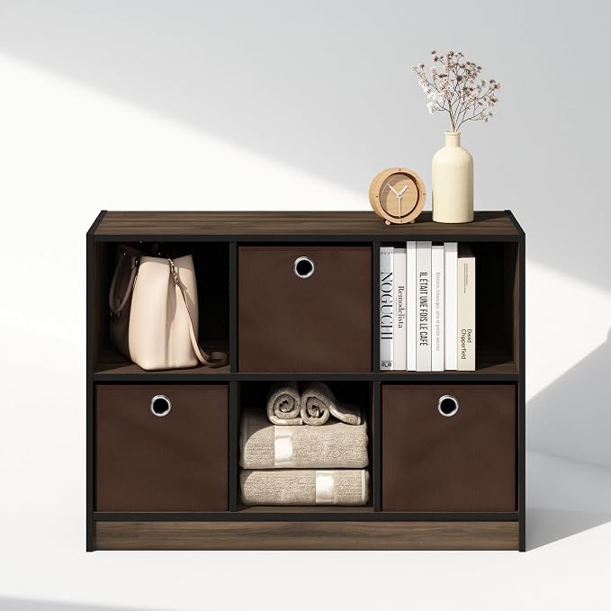 Furinno Cubic Closet Organizers and Storage, 6-Cube Closet Organizer with Bins, Open Shelf Storage, for Wardrobe, Bedroom, Living Room, Columbia Walnut